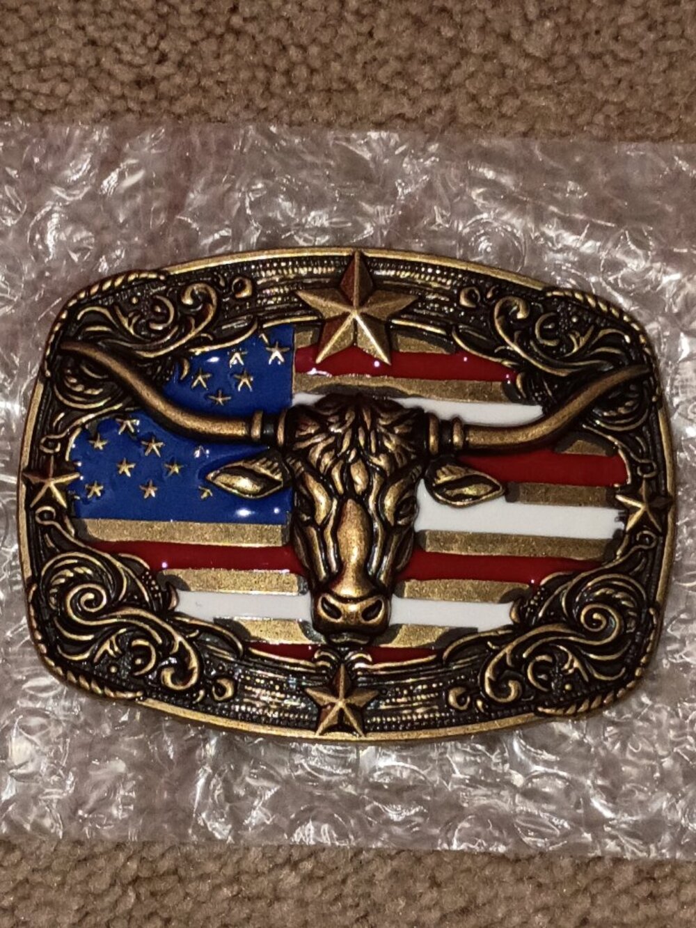 New Men's Or Women's Longhorn Flag Belt Buckle  ( Gold Tone)
